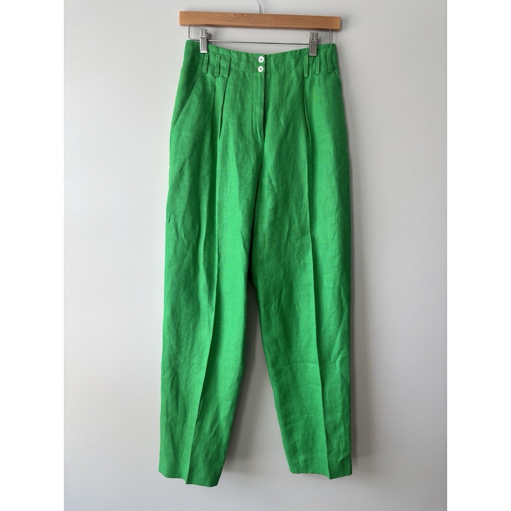 Vintage 80s Liz Claiborne 100% Linen High Waisted Pleated Pants Green Union Made